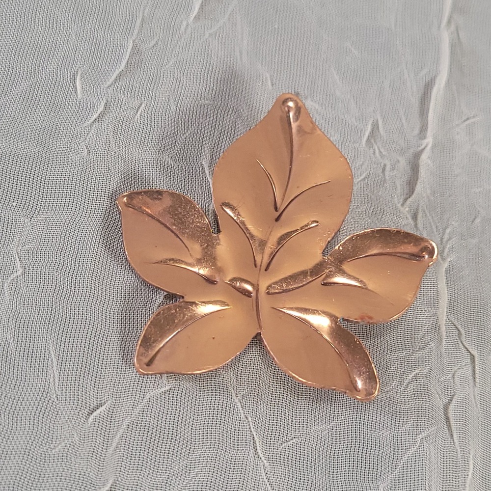 Gret Barkin Copper Leaf Brooch Pin Hand Wrought Solid Maple Design Jewelry